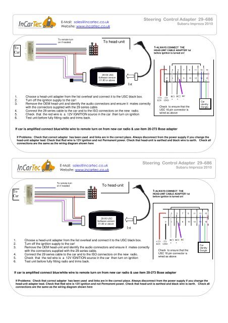 29-686 Subaru Impreza 09 XV Steering control ... - www.incartec.co.u