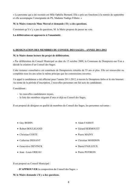 Conseil Municipal du jeudi 22 septembre 2011 - Dompierre-sur-Yon