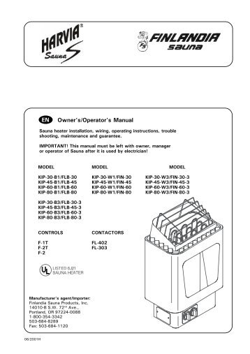 Owner's/Operator's Manual EN - Sauna Supplies