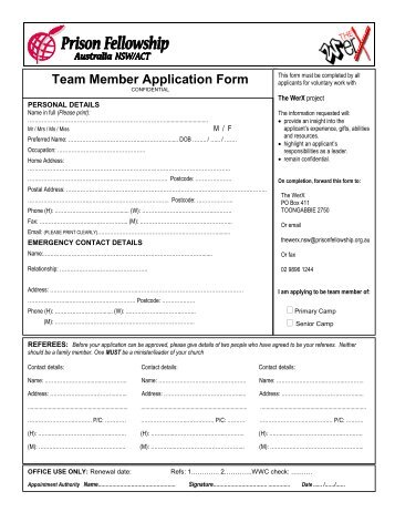 Team Member Application Form - Prison Fellowship Australia