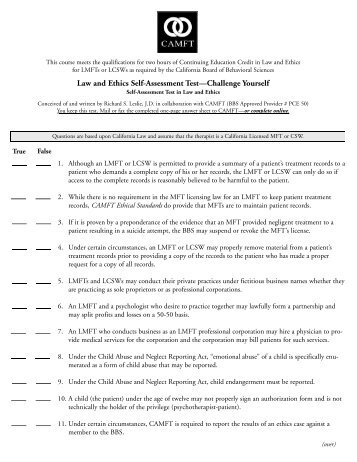 Law and Ethics Self-Assessment Test—Challenge Yourself - CAMFT