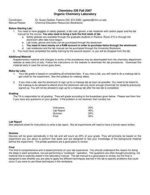 Chemistry 226 Fall 2007 Organic Chemistry Laboratory - URI ...