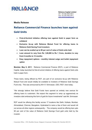 Reliance Commercial Finance launches loan ... - Reliance Capital
