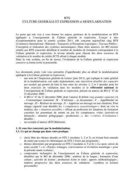 Bts Culture Generale Et Expression Et Modularisation