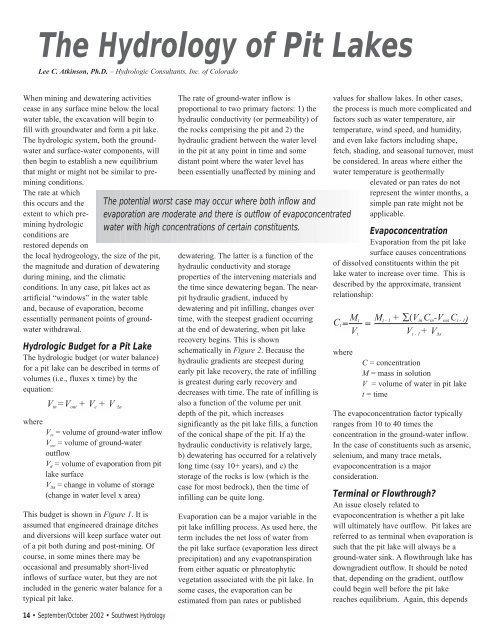 The Hydrology of Pit Lakes Lee C. Atkinson - Southwest Hydrology