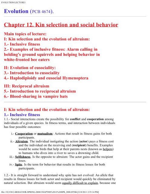Evolution (PCB 4674). Chapter 12. Kin selection and social behavior