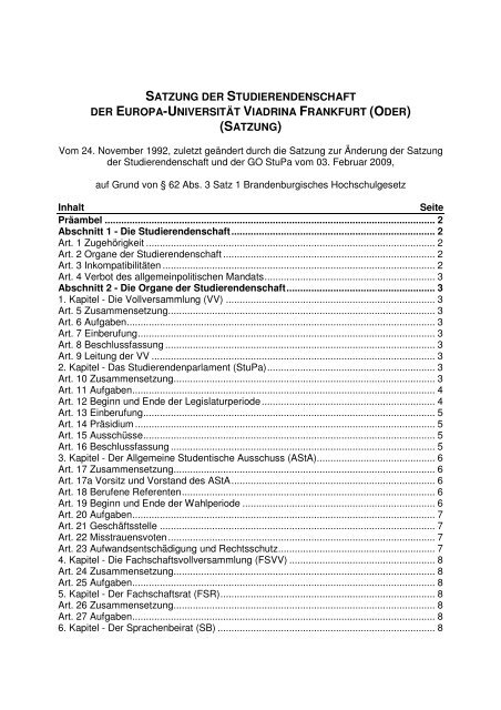 satzung der studierendenschaft - AStA der Europa-UniversitÃ¤t Viadrina