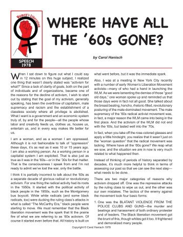 WHERE HAVE ALL THE '60s GONE? - Carol Hanisch