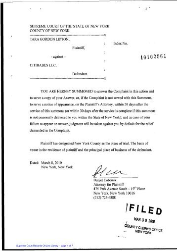complaint filed by Tara Lipton in March 2010 - NY Business Divorce