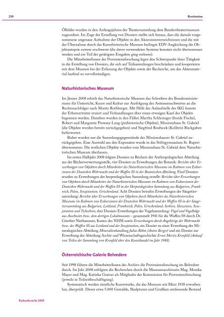 Restitutionsbericht 2008 - Kunst-Datenbank des Nationalfonds