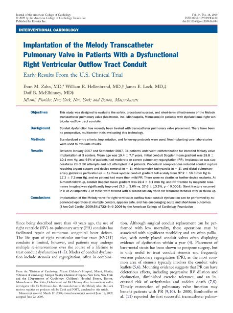Implantation of the Melody Transcatheter Pulmonary Valve - Miami ...