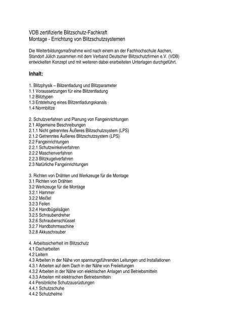 VDB - Inhalte Errichtung - Verband Deutscher Blitzschutzfirmen eV