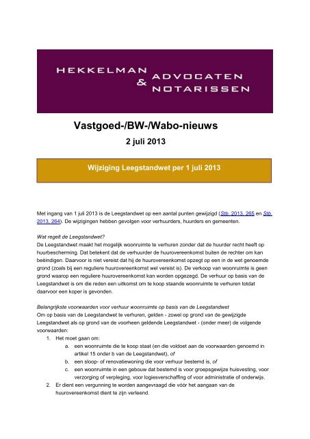 Wijziging Leegstandwet per 1 juli 2013 - Hekkelman Advocaten ...