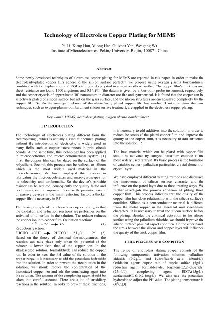 Technology of Electroless Copper Plating for MEMS