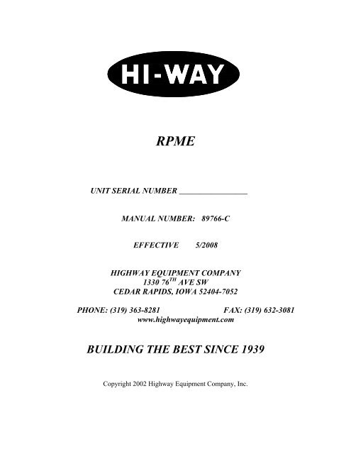 RPME Operator and Parts Manual - Highway Equipment Company