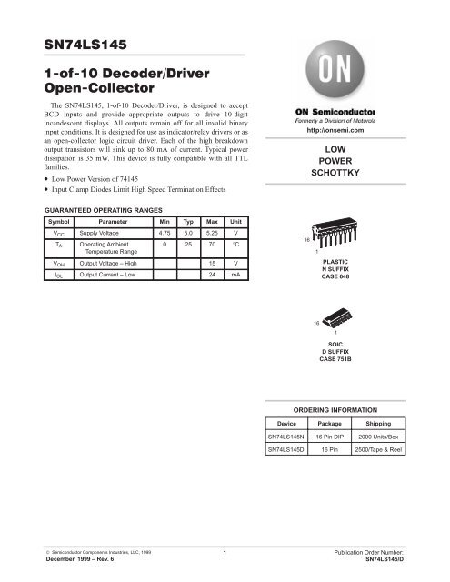 SN74LS145 1-of-10 Decoder/Driver Open-Collector - Datasheet ...