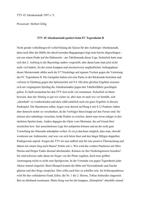 Vorbericht - TTV 45 Altenkunstadt