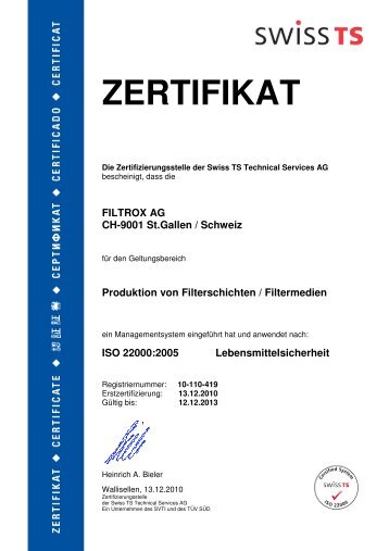 ZERTIFIKAT - Filtrox AG