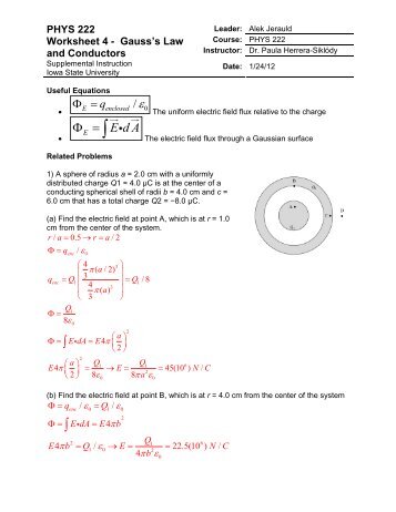 PHYS 222 Worksheet 4 Gauss's law and Conductors Answers