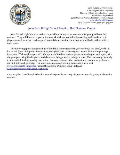 John Carroll High School Proud to Host Summer Camps