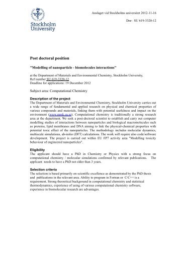 Post doctoral position - Department of Materials and Environmental ...