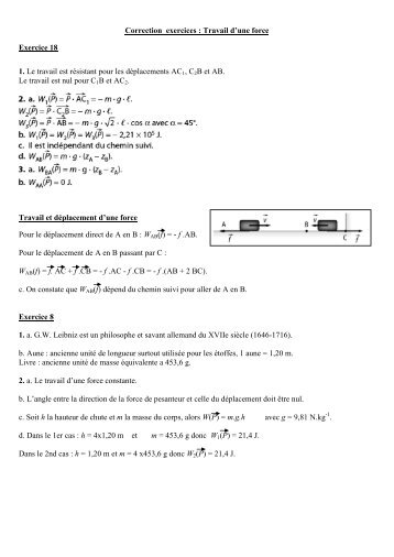 Correction exercices : Travail d'une force Exercice 18 1 ... - Webnode