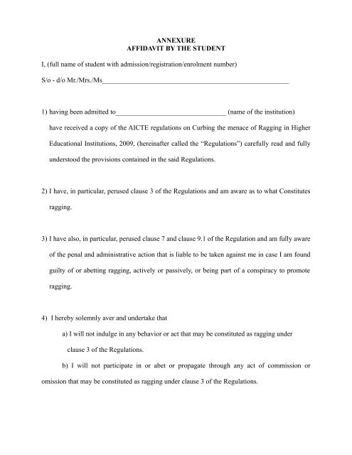 Anti Ragging Affidavit - Allana College of Pharmacy
