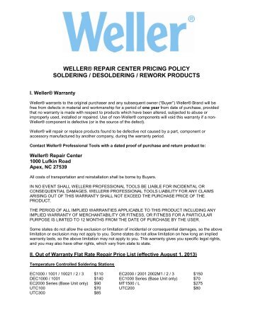 weller® repair pricing policy - Cooper Hand Tools