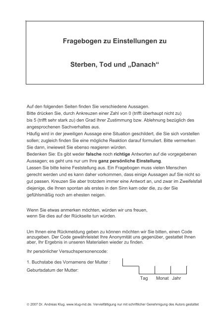 Fragebogen zu Einstellungen zu Sterben, Tod und Ã¢Â€ÂšDanachÃ¢Â€Â” - ZPID