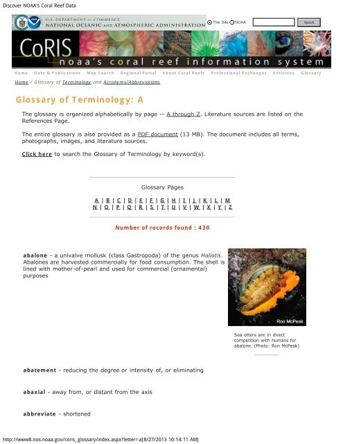 NOAA Coral Reef Information System Glossary