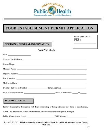 FOOD ESTABLISHMENT PERMIT APPLICATION - Mason County