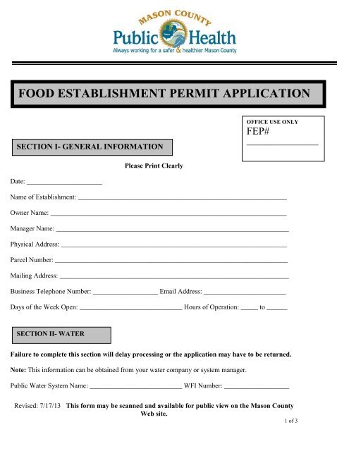 FOOD ESTABLISHMENT PERMIT APPLICATION - Mason County