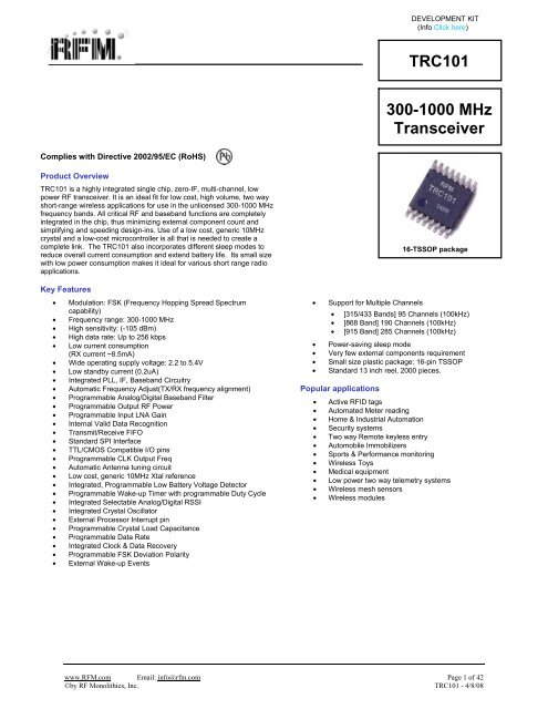 TRC101 300-1000 MHz Transceiver - RF Monolithics, Inc.