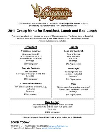 2011 Group Menu for Breakfast, Lunch and Box Lunch - Canadian ...