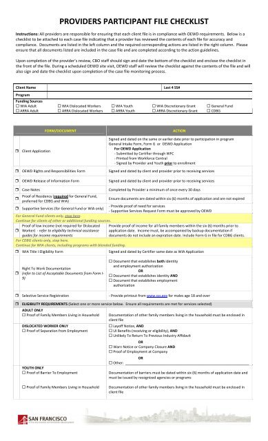 providers participant file checklist - Workforcedevelopmentsf.org