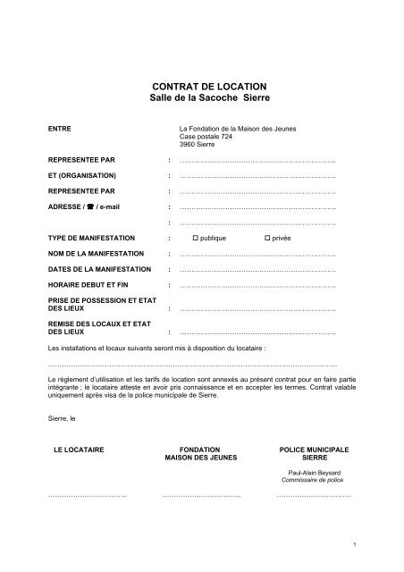 CONTRAT DE LOCATION Salle de la Sacoche Sierre