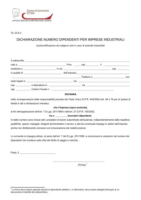 Modulo dichiarazione numero dipendenti imprese ... - CCIAA di Prato