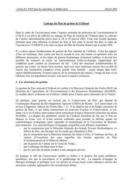 - 1 - Cadrage du Plan de gestion de l'Ichkeul Dans le cadre de l ...