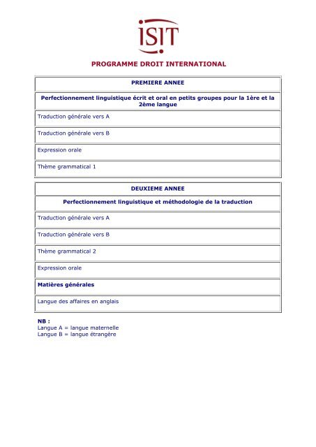 Programme des cours (PDF - Isit
