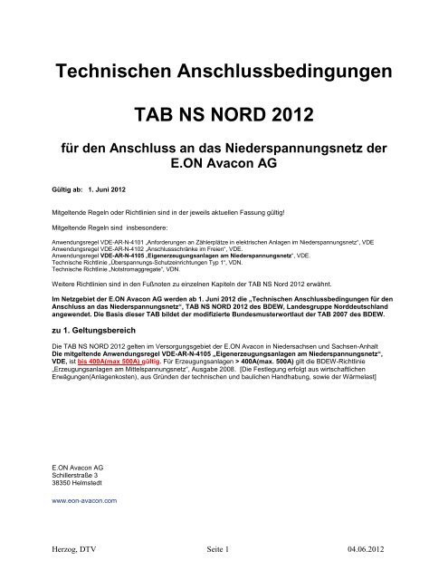 Technischen Anschlussbedingungen Tab Ns E On Avacon Ag
