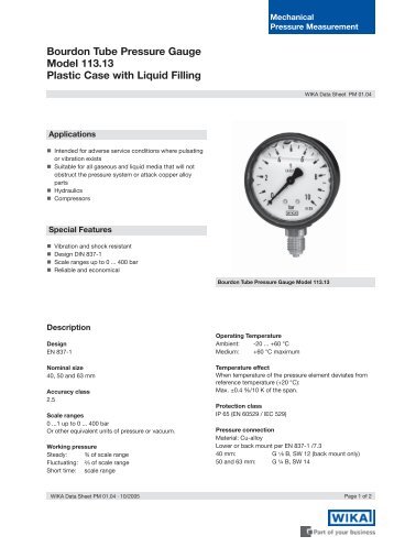 Bourdon Tube Pressure Gauge Model 113.13 ... - BKW Instruments