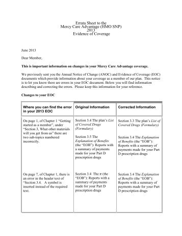 Evidence of Coverage Errata Sheet - Mercy Care Plan