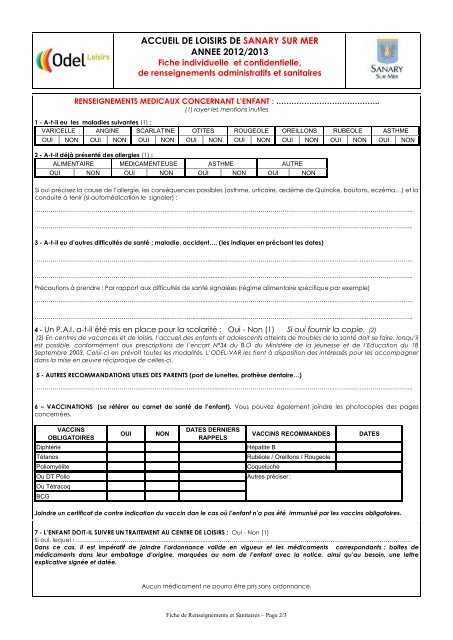 Fiche renseignement enfant 2012-2013 (.pdf - 268 ... - Sanary-sur-Mer