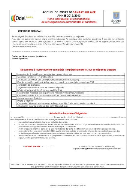 Fiche renseignement enfant 2012-2013 (.pdf - 268 ... - Sanary-sur-Mer