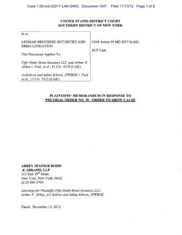 memorandum in response to pretrial order no. 38 - order t - Lehman ...