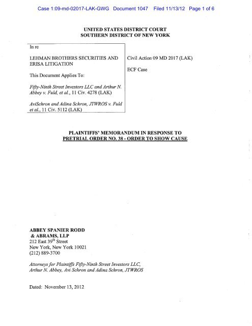 memorandum in response to pretrial order no. 38 - order t - Lehman ...