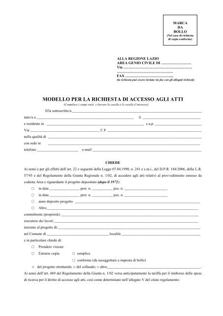 Istanza Di Accesso Per Richiesta Atti Regione Lazio