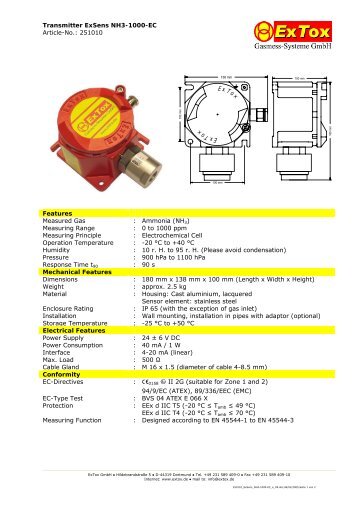 Transmitter ExSens NH3-1000-EC Article-No.: 251010 Tox ExTox ...