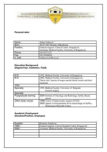 ÐÐ¸Ð½ÐºÐ¾Ð²Ð¸Ñ Ð¡ÑÑÐ°Ð½ - Medicinski fakultet Kragujevac
