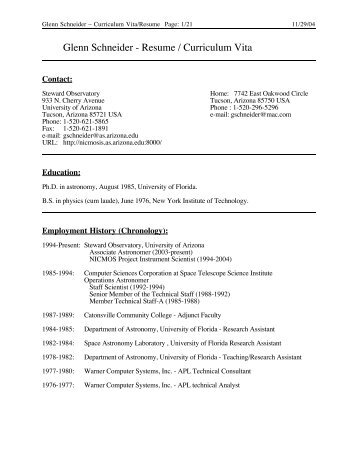 Glenn Schneider - Resume / Curriculum Vita - University of Arizona